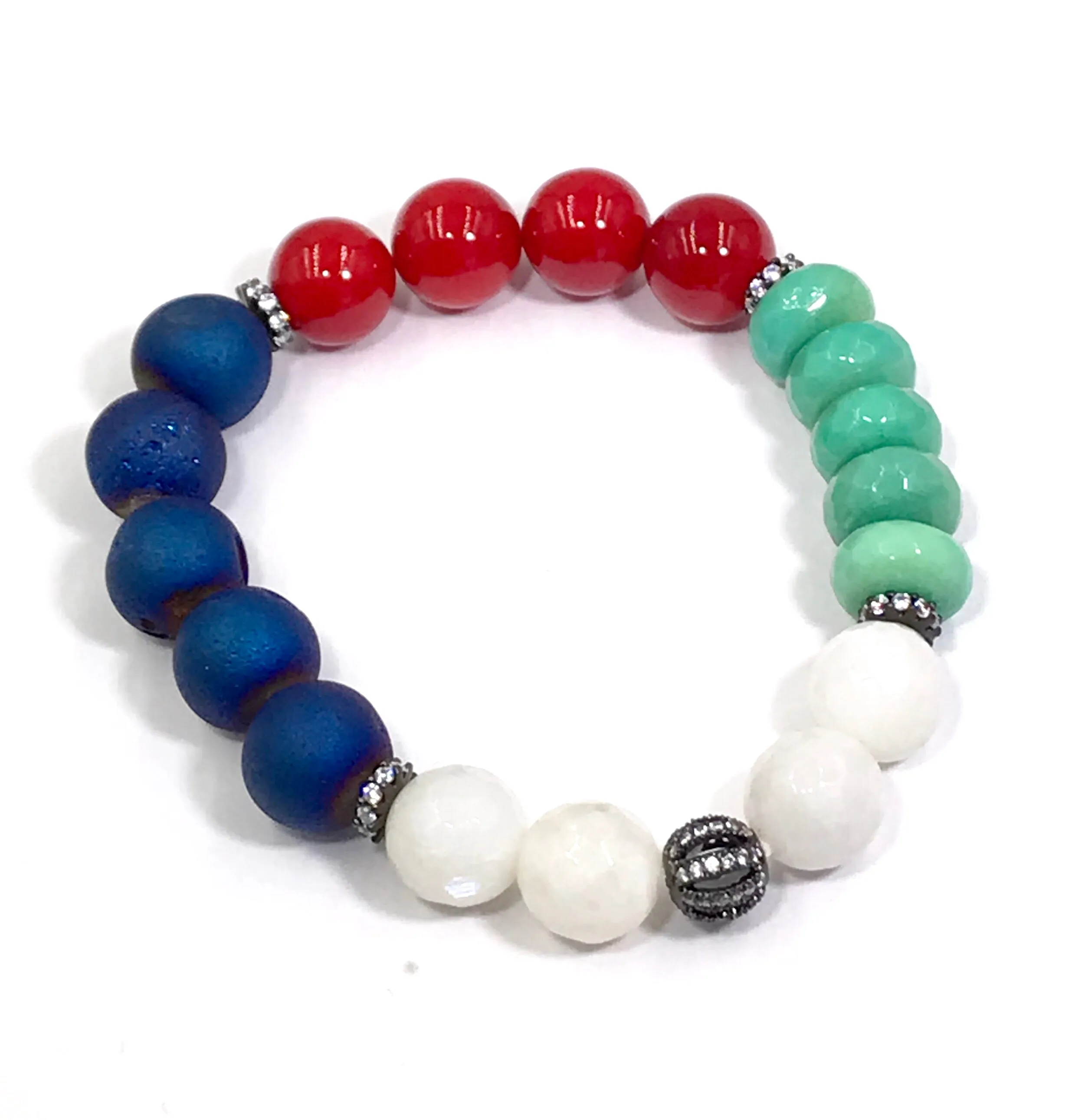 Red, Blue Green White Stack Bracelet Set of 3 Oxidized Silver Pave CZ