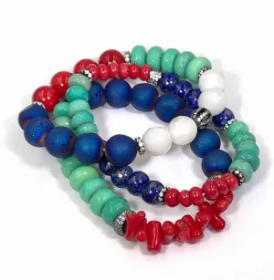 Red, Blue Green White Stack Bracelet Set of 3 Oxidized Silver Pave CZ