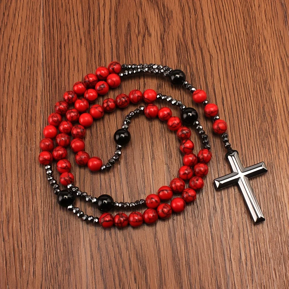 Red Pine Stone Agate Gallstone Rosary Necklace For Men