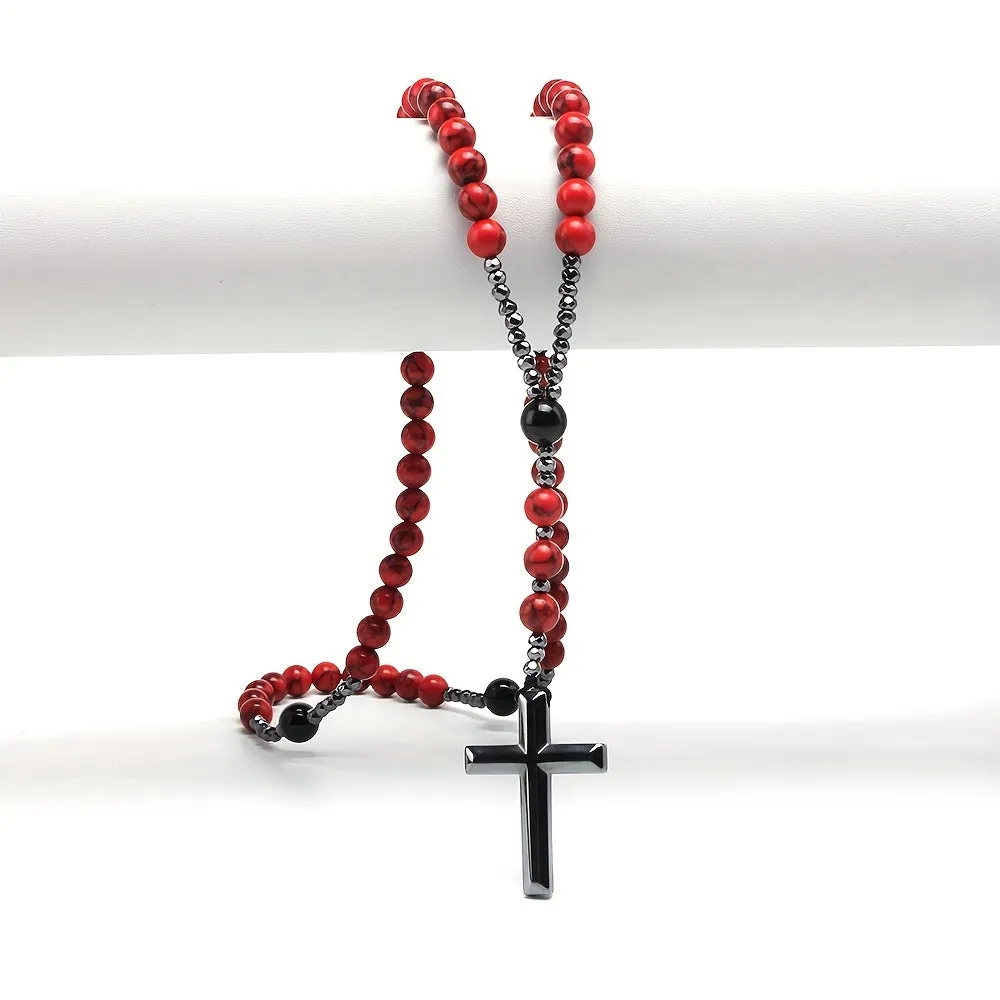 Red Pine Stone Agate Gallstone Rosary Necklace For Men