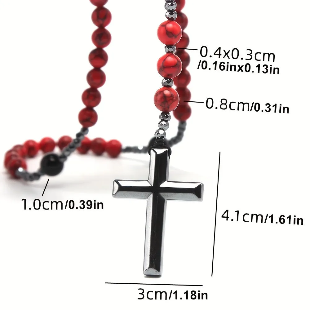 Red Pine Stone Agate Gallstone Rosary Necklace For Men