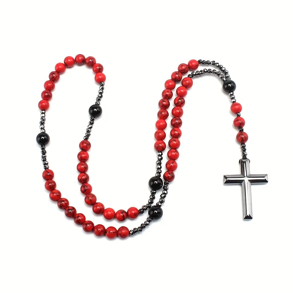 Red Pine Stone Agate Gallstone Rosary Necklace For Men