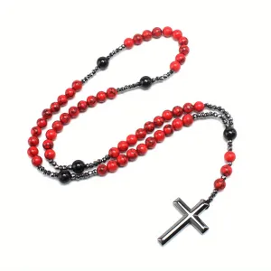 Red Pine Stone Agate Gallstone Rosary Necklace For Men