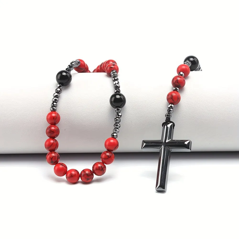 Red Pine Stone Agate Gallstone Rosary Necklace For Men