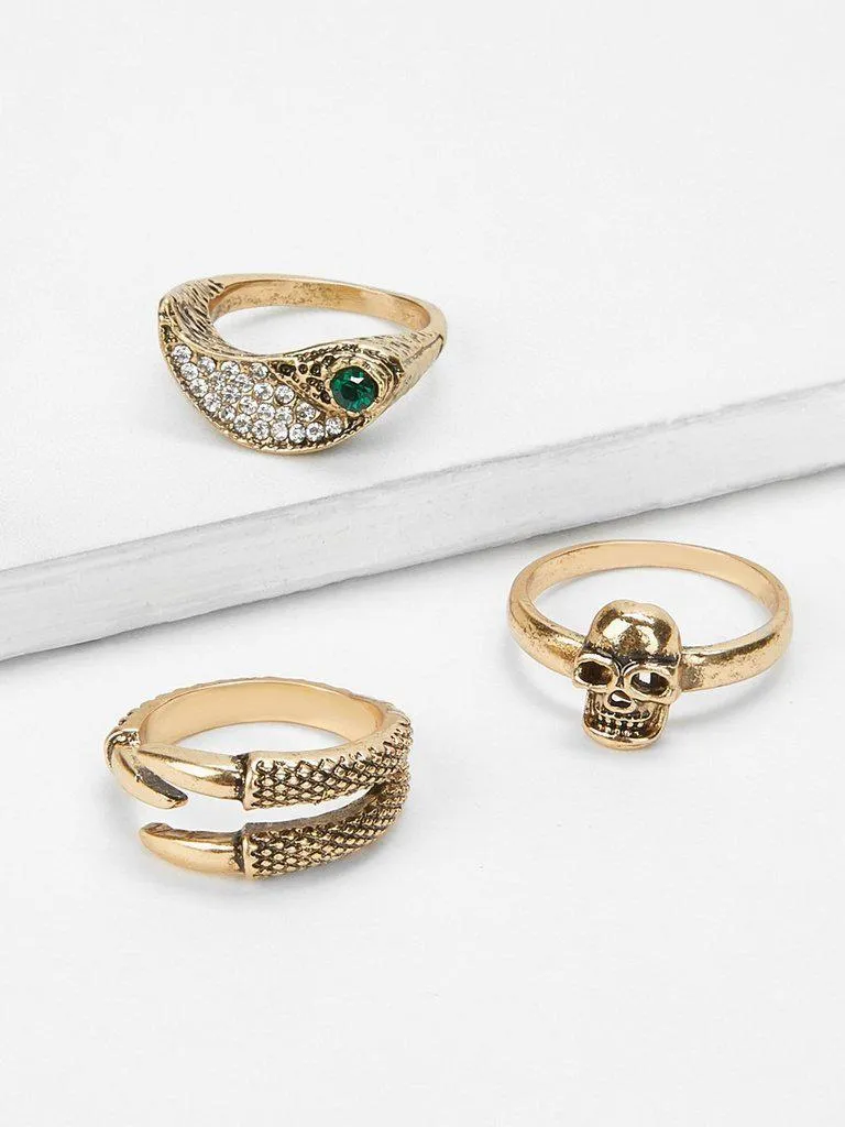 Rhinestone Detail Layered Rings Set 3pcs