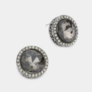 Rhinestone Trimmed Round Black Diamond Crystal Stone Stud Pageant Earrings  \ Interview Earrings |  554166