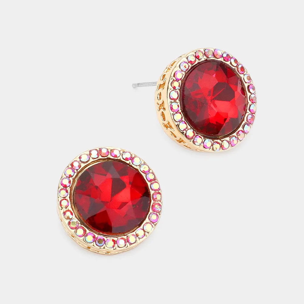 Rhinestone Trimmed Round Red Crystal Stone Stud Pageant Earrings  \ Interview Earrings |  554168