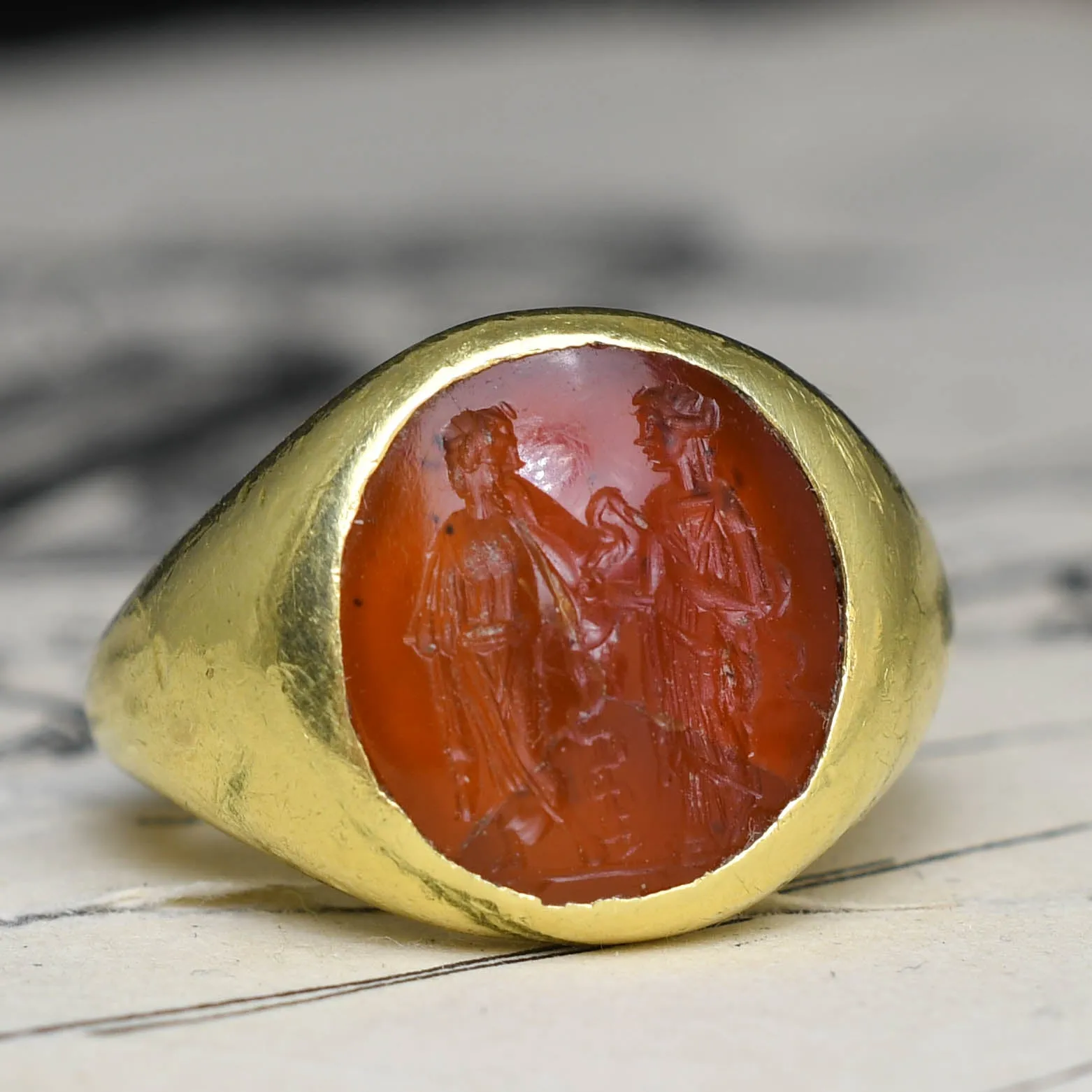 Roman "Asclepius & Hygeia" Carnelian Intaglio Signet Ring