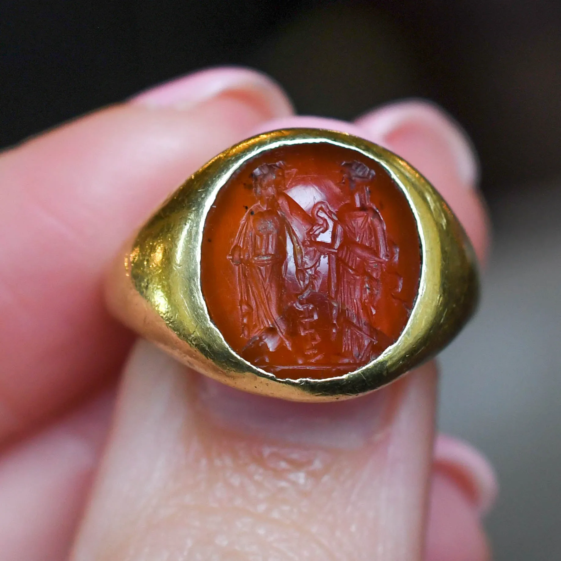 Roman "Asclepius & Hygeia" Carnelian Intaglio Signet Ring