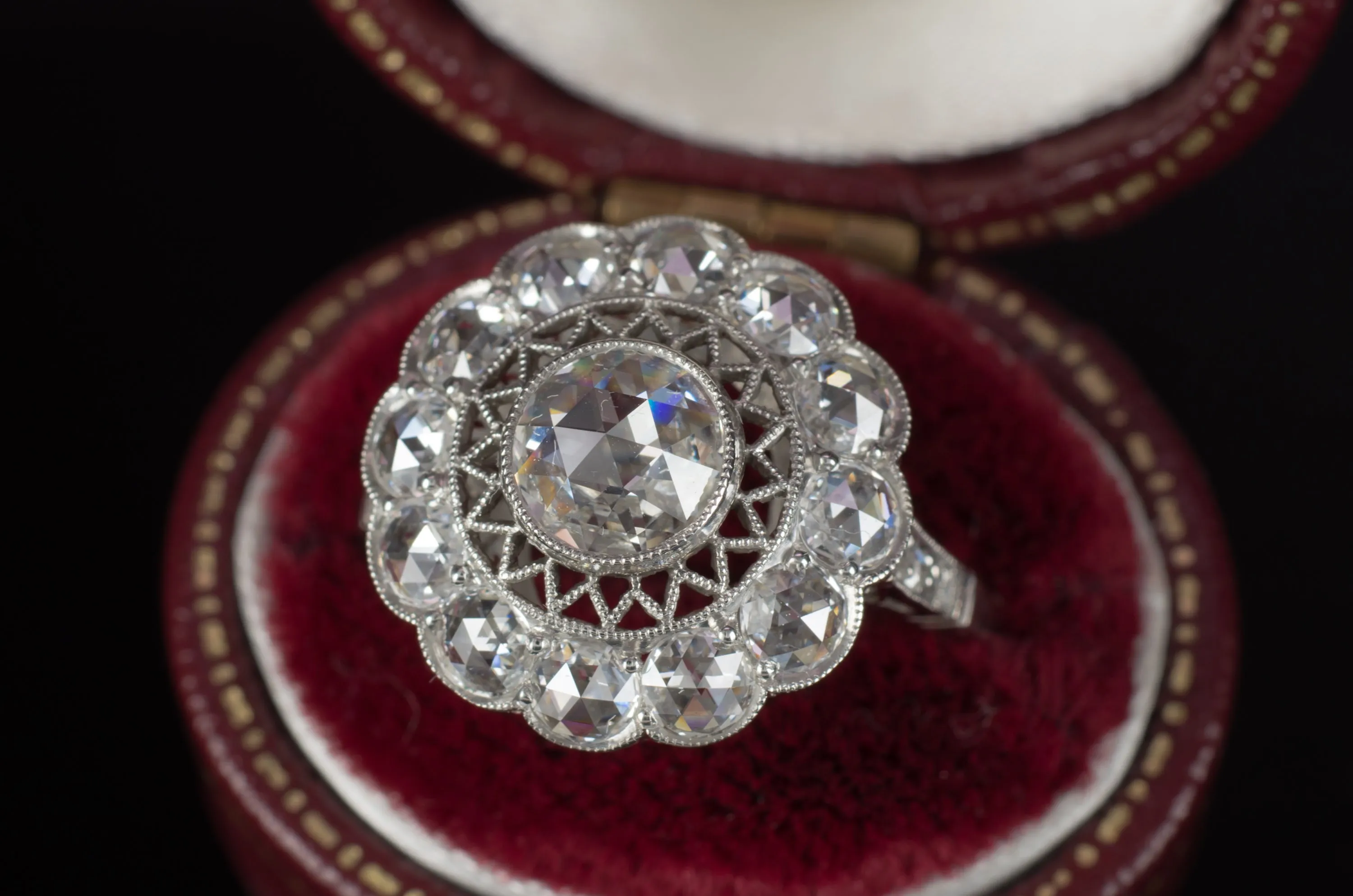 ROSE CUT DIAMOND HALO RING IN PLATINUM