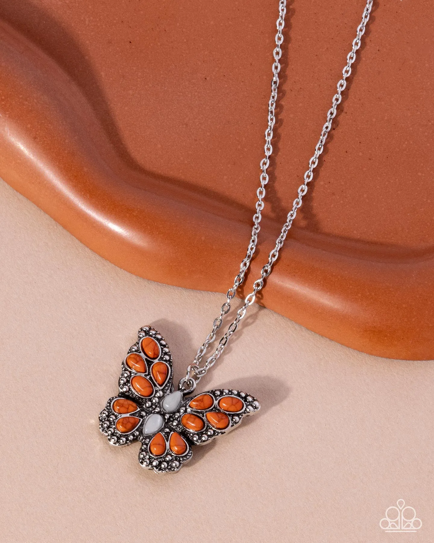 Santa Fe Satisfaction - Orange - and White Stone Butterfly Paparazzi Short Necklace
