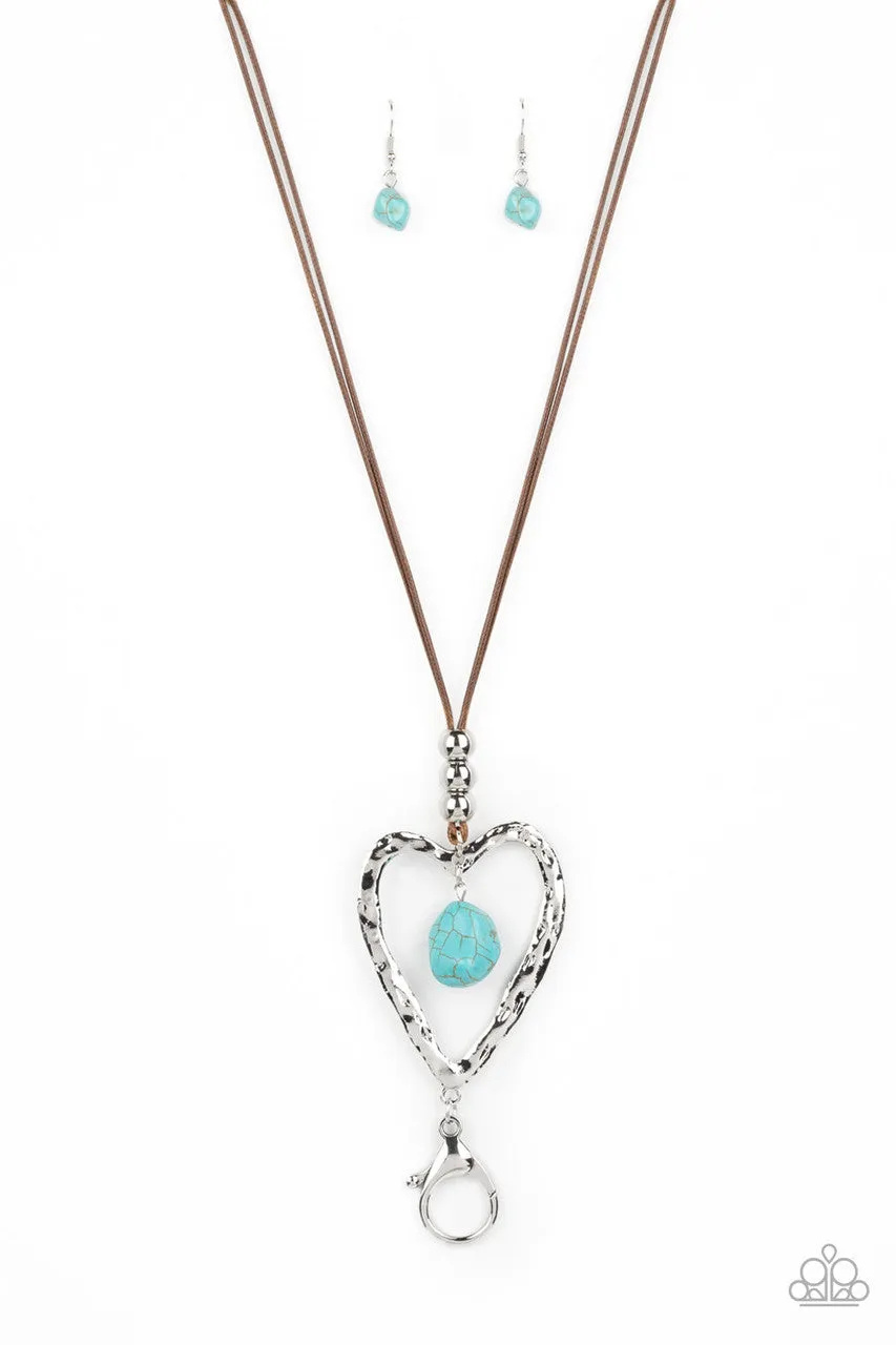 Santa Fe Sweetheart - Blue - Turquoise Stone Silver Heart Brown Cord Paparazzi Lanyard Necklace