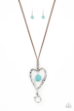 Santa Fe Sweetheart - Blue - Turquoise Stone Silver Heart Brown Cord Paparazzi Lanyard Necklace