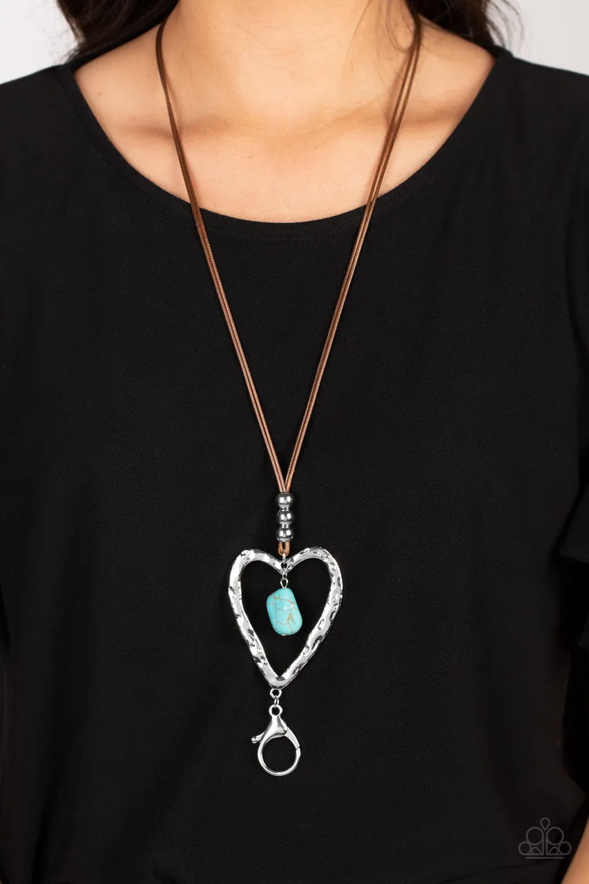 Santa Fe Sweetheart - Blue - Turquoise Stone Silver Heart Brown Cord Paparazzi Lanyard Necklace
