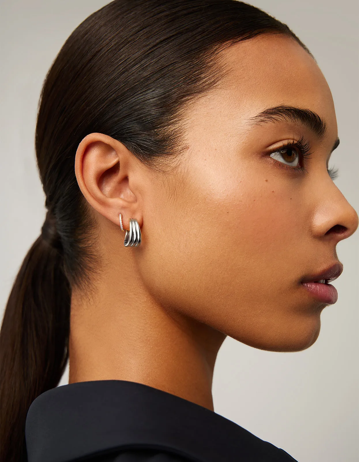 Savi Triple Ridge Hoop Earrings - Silver