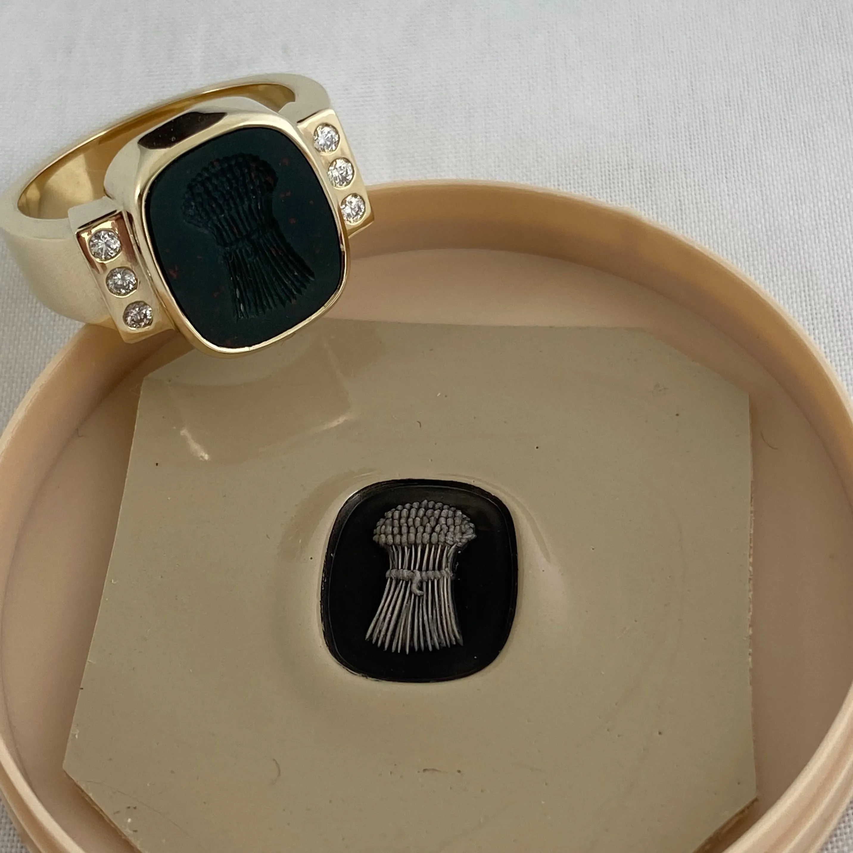 Seal Engraved Bloodstone Custom Made 12mm x 9mm  -  9 Carat Yellow Gold Signet Ring with Diamonds