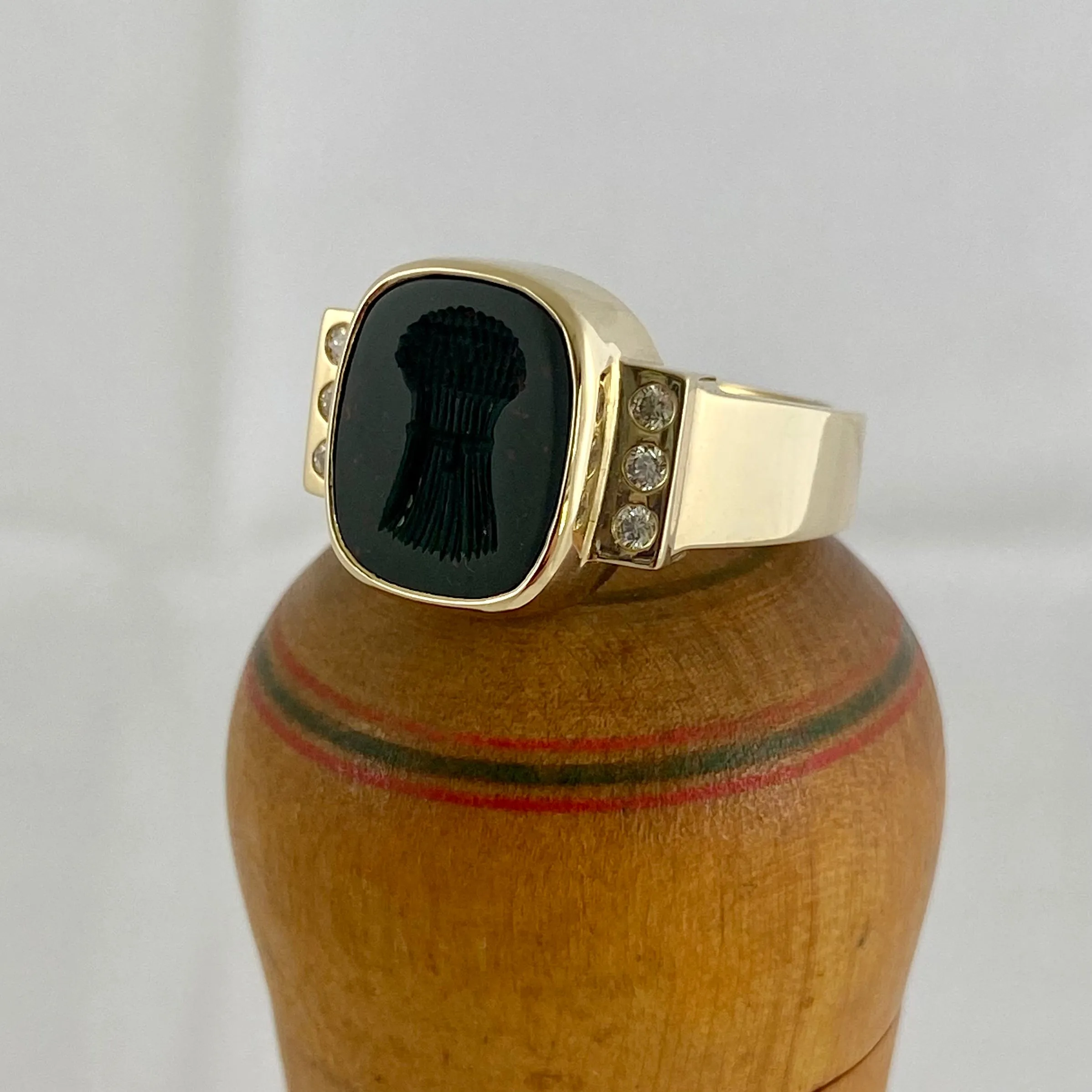 Seal Engraved Bloodstone Custom Made 12mm x 9mm  -  9 Carat Yellow Gold Signet Ring with Diamonds