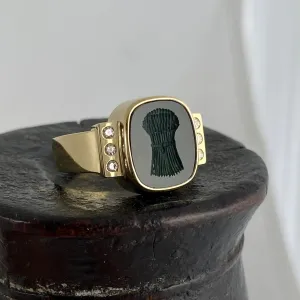 Seal Engraved Bloodstone Custom Made 12mm x 9mm  -  9 Carat Yellow Gold Signet Ring with Diamonds