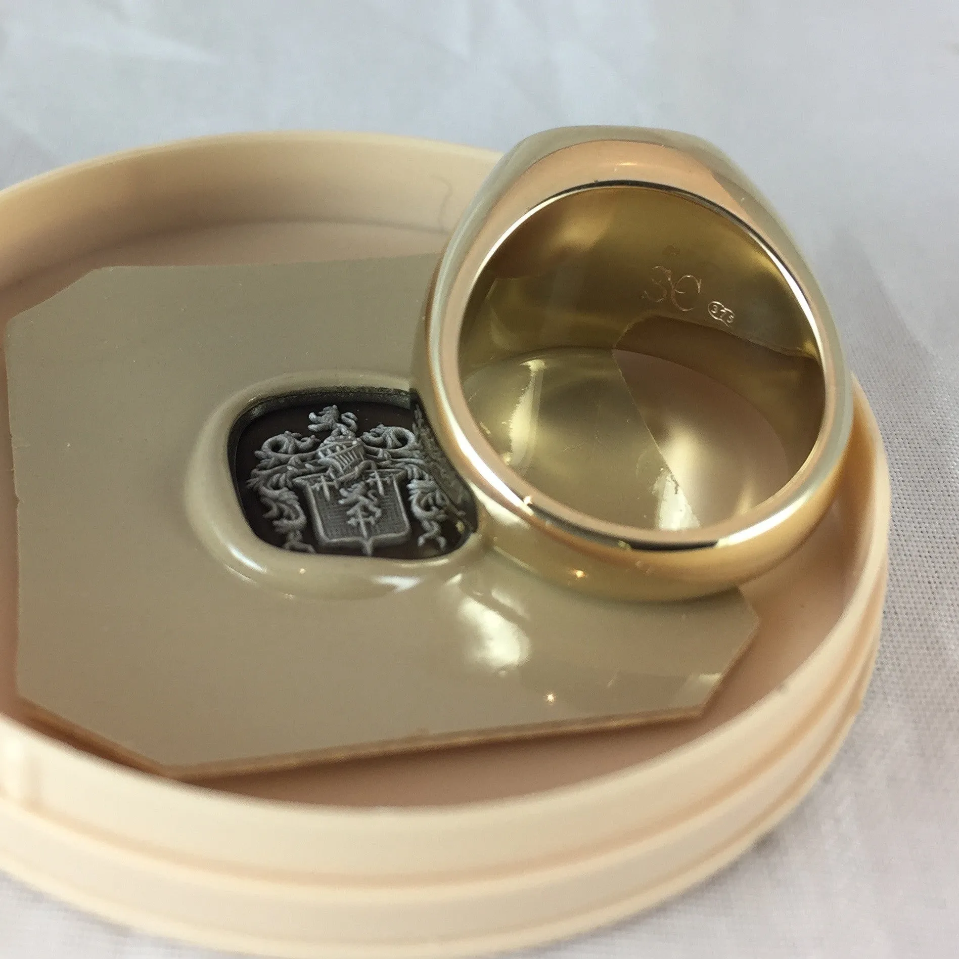 Seal Engraved Bloodstone Custom Made 14mm x 13mm  -  9 Carat Yellow Gold Signet Ring