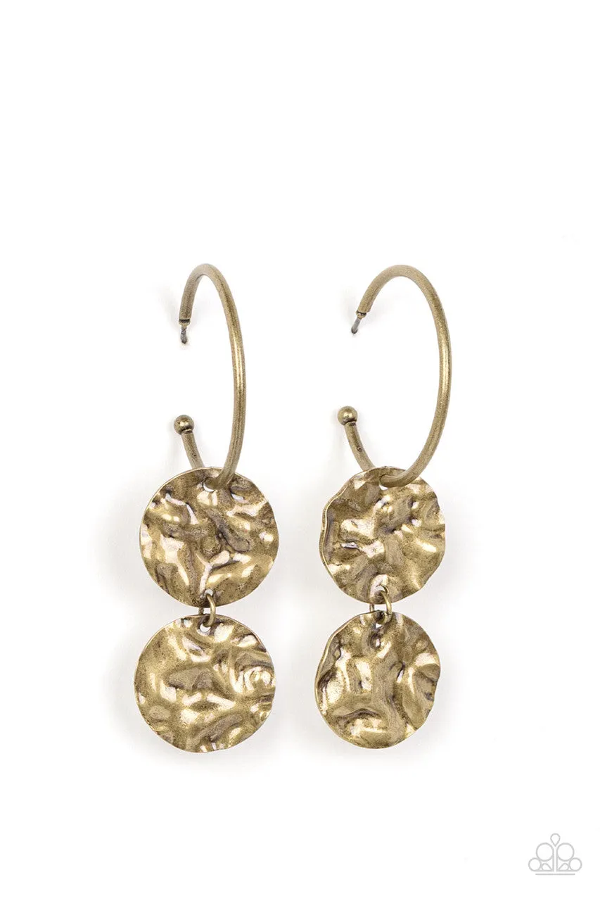 Sending Shock Waves - Brass - Hammered Discs Paparazzi Drop Hoop Earrings