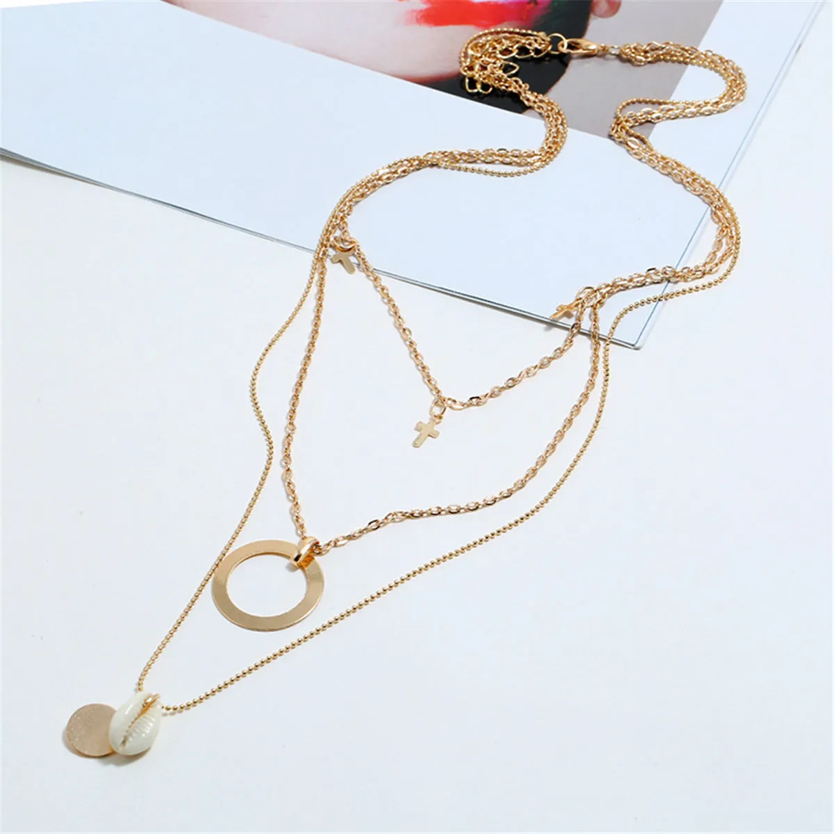 Shell & 18K Gold-Plated Cross Pendant Layered Necklace