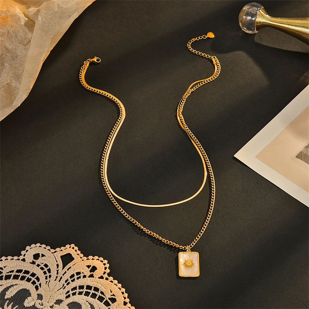 Shell & 18K Gold-Plated Mum Floral Rectangle Layered Pendant Necklace