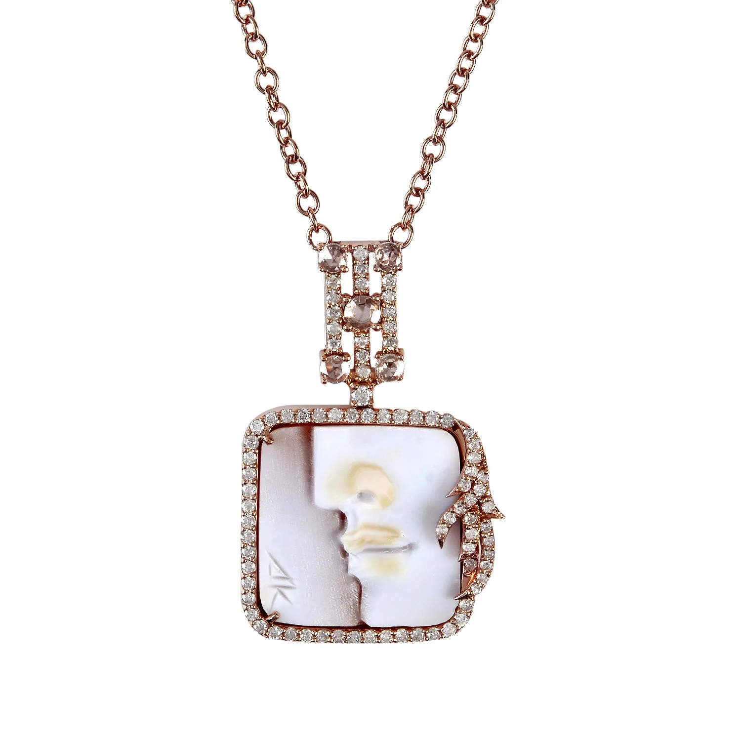 Shell Cameos Pave Diamond Matinee Necklace Handmade In 18k Rose Gold Jewelry