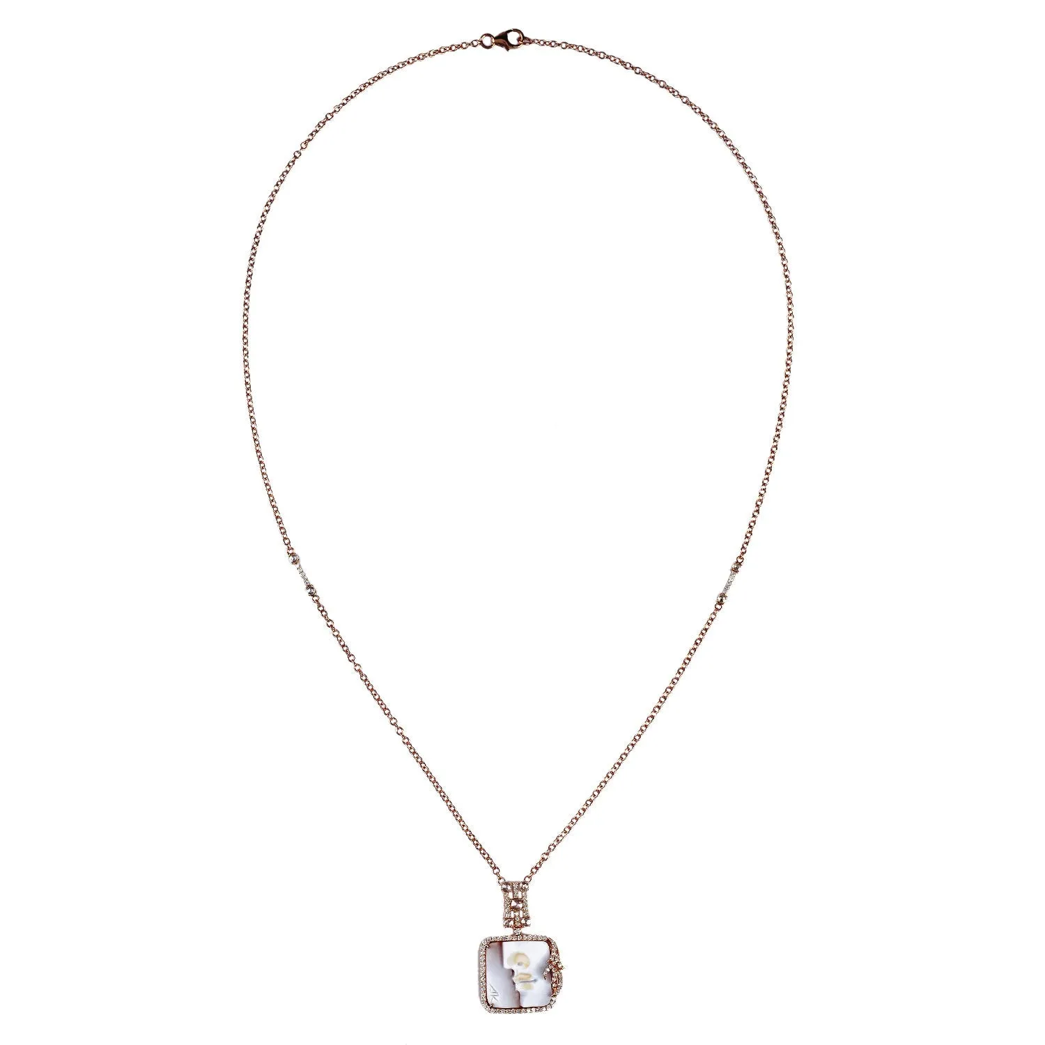 Shell Cameos Pave Diamond Matinee Necklace Handmade In 18k Rose Gold Jewelry