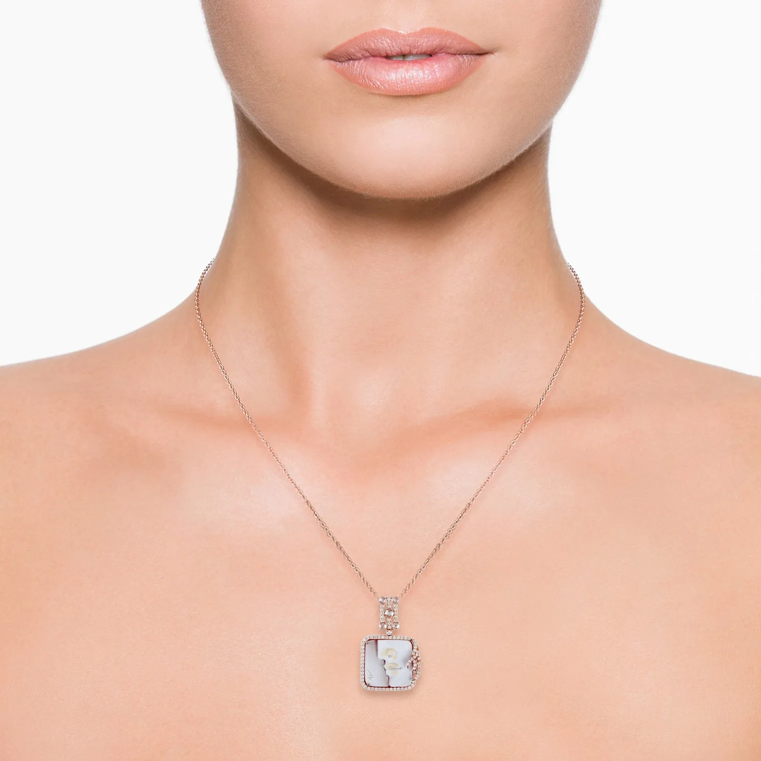 Shell Cameos Pave Diamond Matinee Necklace Handmade In 18k Rose Gold Jewelry