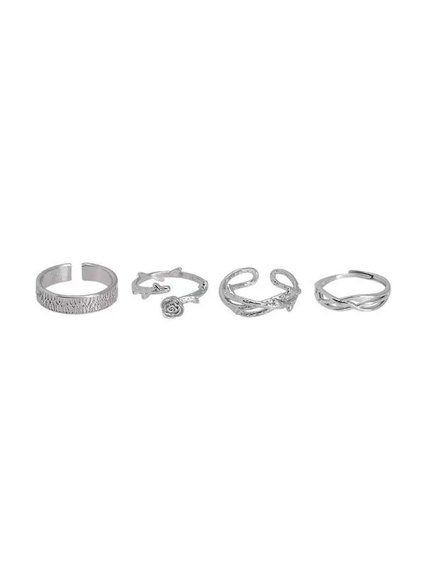 Silver Vintage 4 Piece Thorn Rose Vine Bangle Ring Set