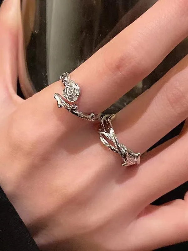 Silver Vintage 4 Piece Thorn Rose Vine Bangle Ring Set