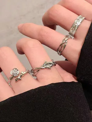 Silver Vintage 4 Piece Thorn Rose Vine Bangle Ring Set