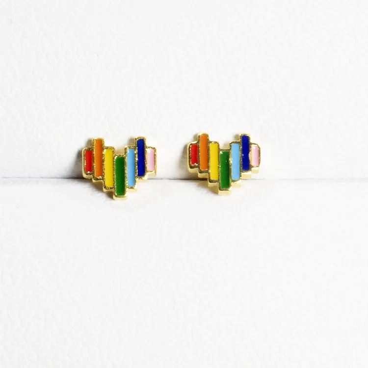 Small Multicolor Enamel Heart Stud Earrings - Gold -  Girls & Teens