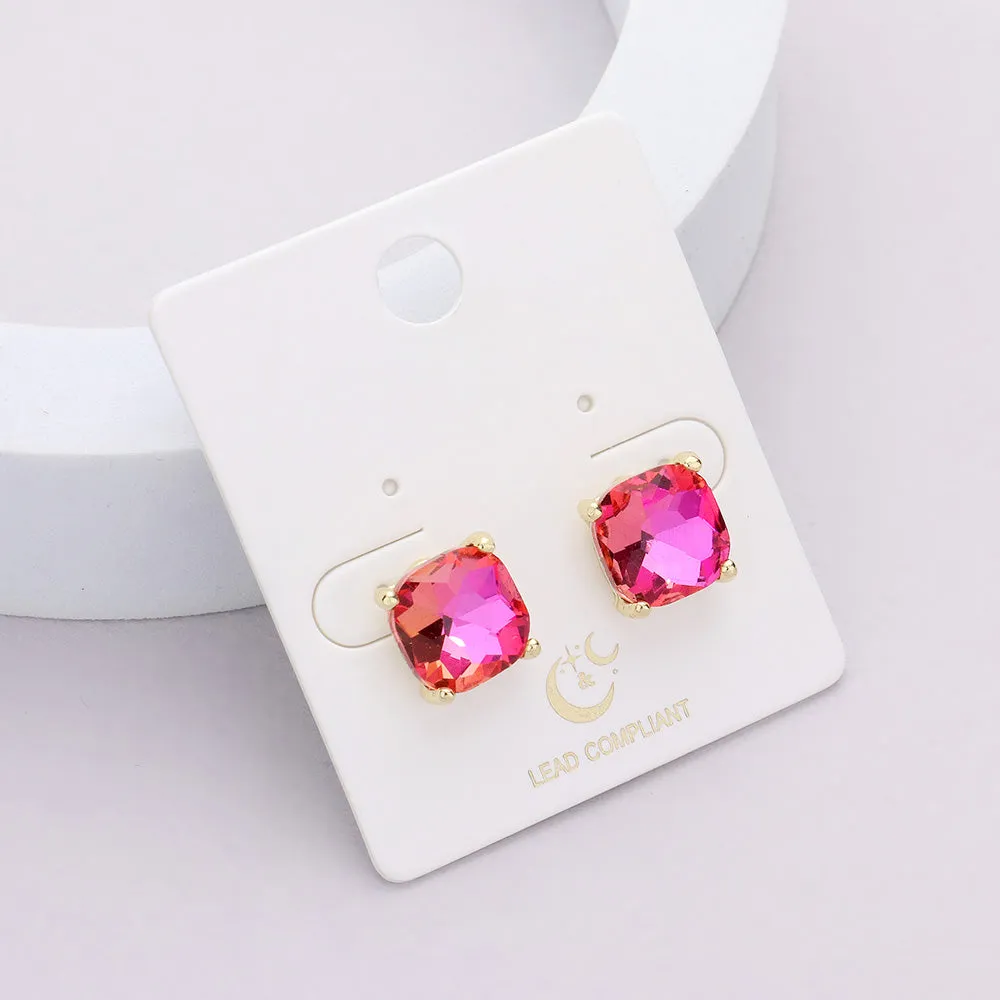 Small Pink AB Cushion Square Stud Pageant Earrings  | Interview Earrings | 591507