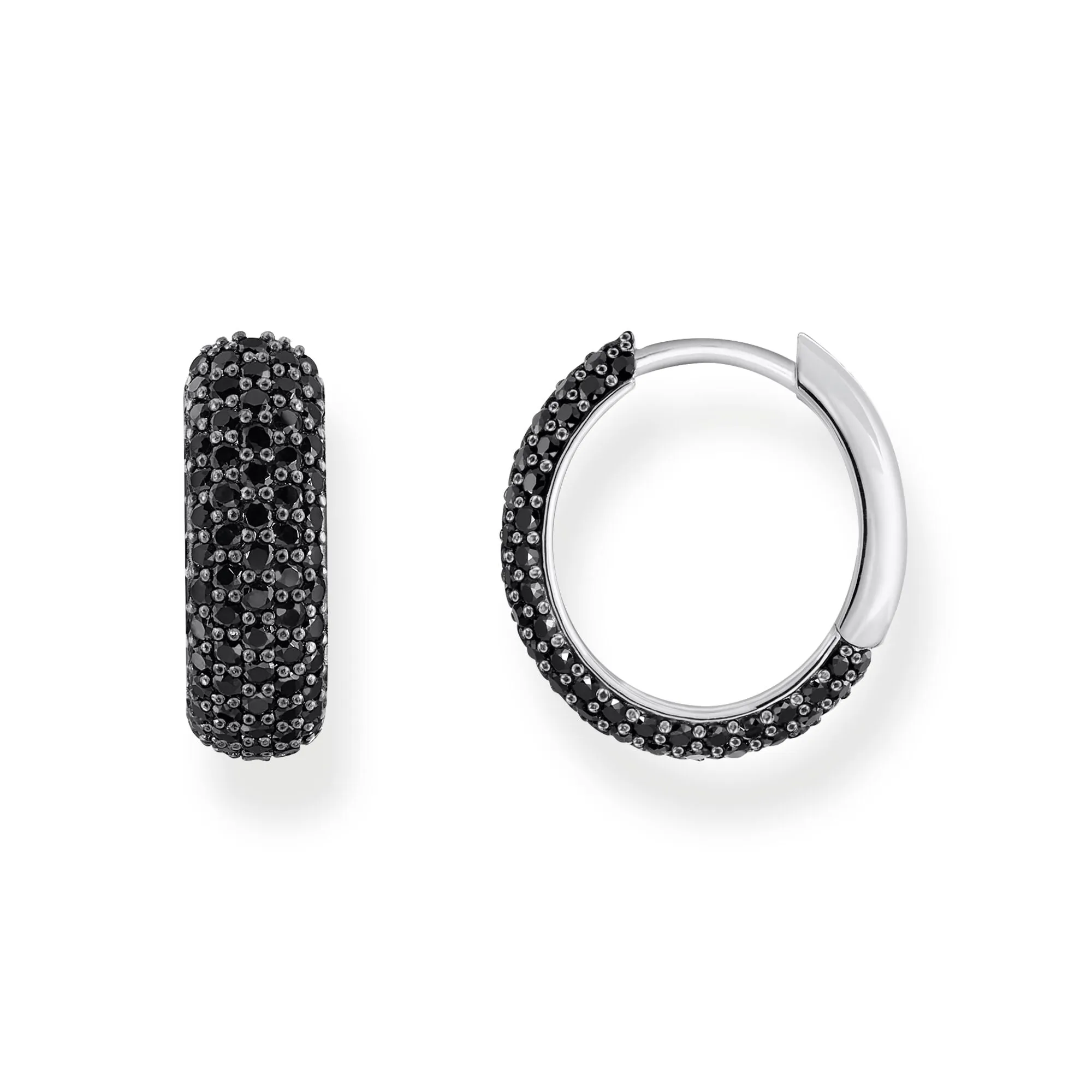 Small, wide hoop earrings with black zirconia