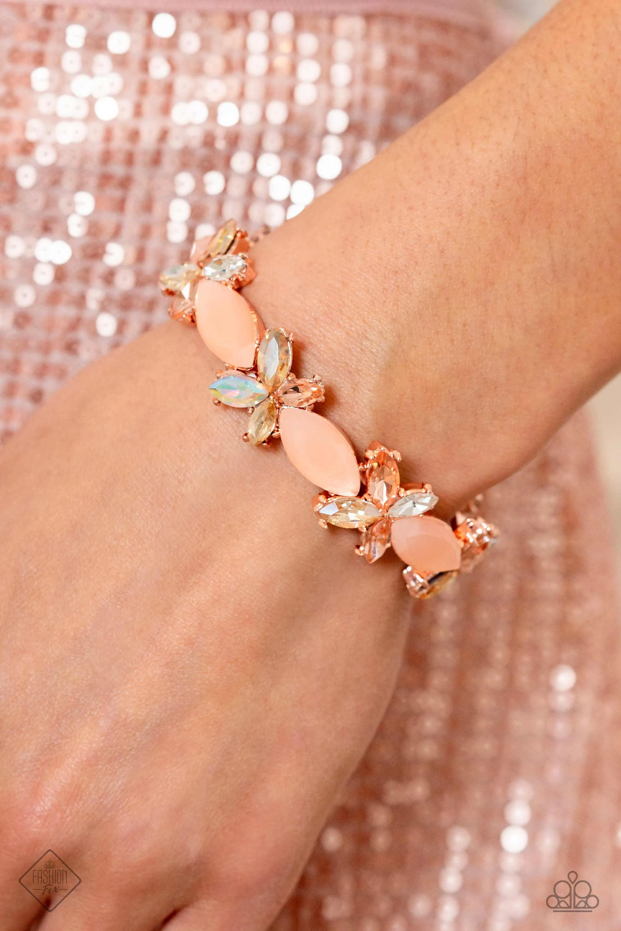 Soft-Hearted Succession - Rose Gold - Rhinestone Gem and Bead Paparazzi Stretchy Bracelet - December 2023 Fiercely 5th Avenue
