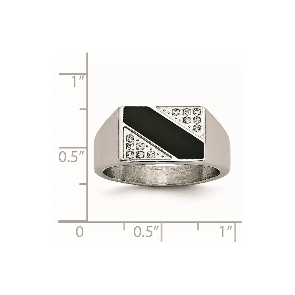 Stainless Steel Polished Black Enameled CZ Signet Ring