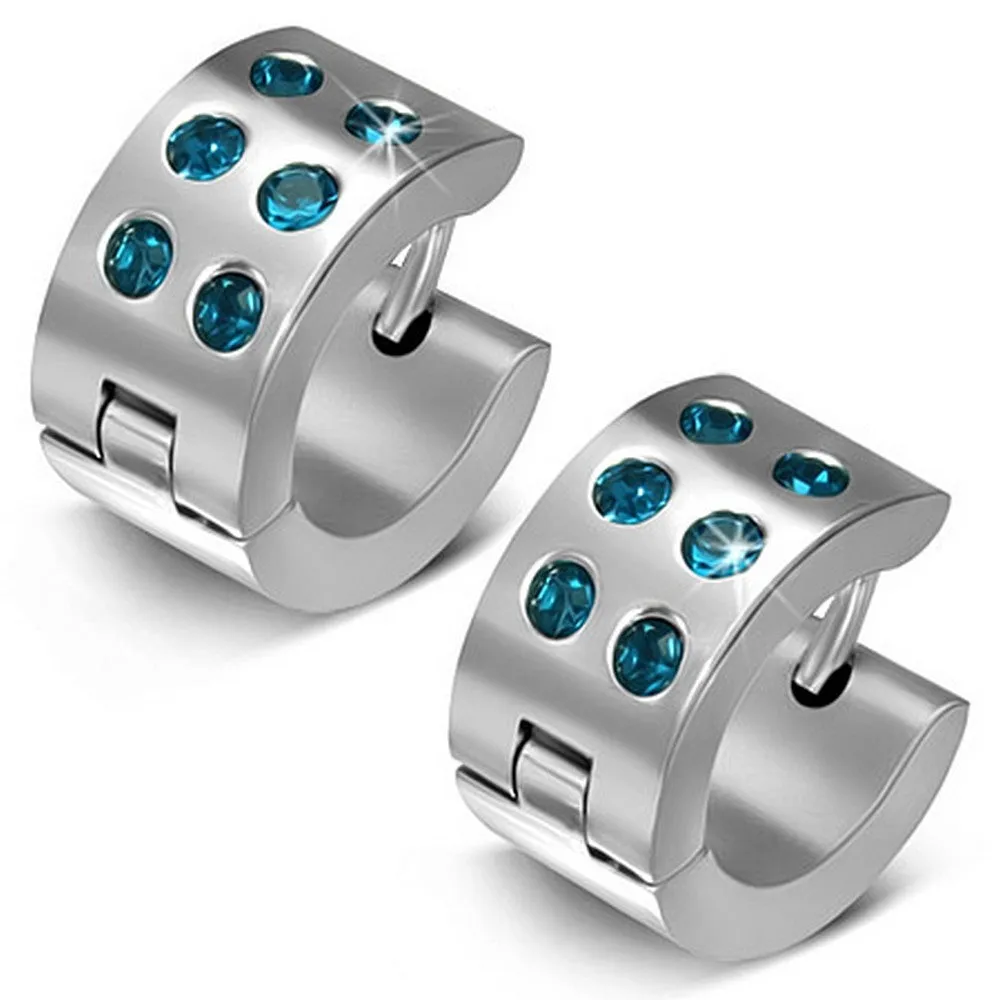Stainless Steel Silver-Tone Blue CZ Womens Hoop Huggie Earrings