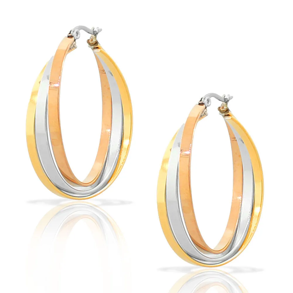 Stainless Steel Yellow Rose Gold Silver-Tone Multi-Bangle Interlocking Hoop Earrings