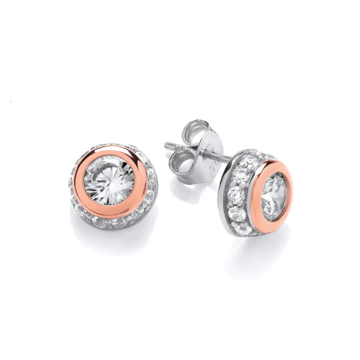 Sterling Silver, Cubic Zirconia & Rose Gold Surround Round Stud Earrings