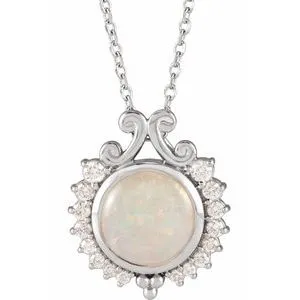 Sterling Silver Natural White Opal & 1/6 CTW Natural Diamond   16-18" Necklace