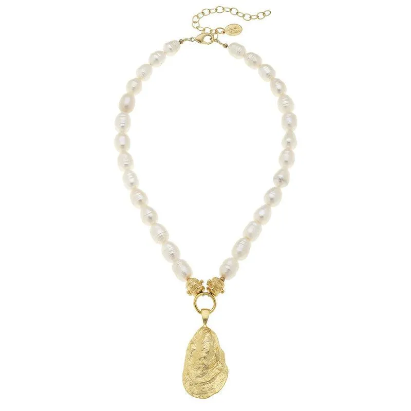 Susan Shaw Gold Oyster Shell on Genuine Freshwater Pearl Necklace