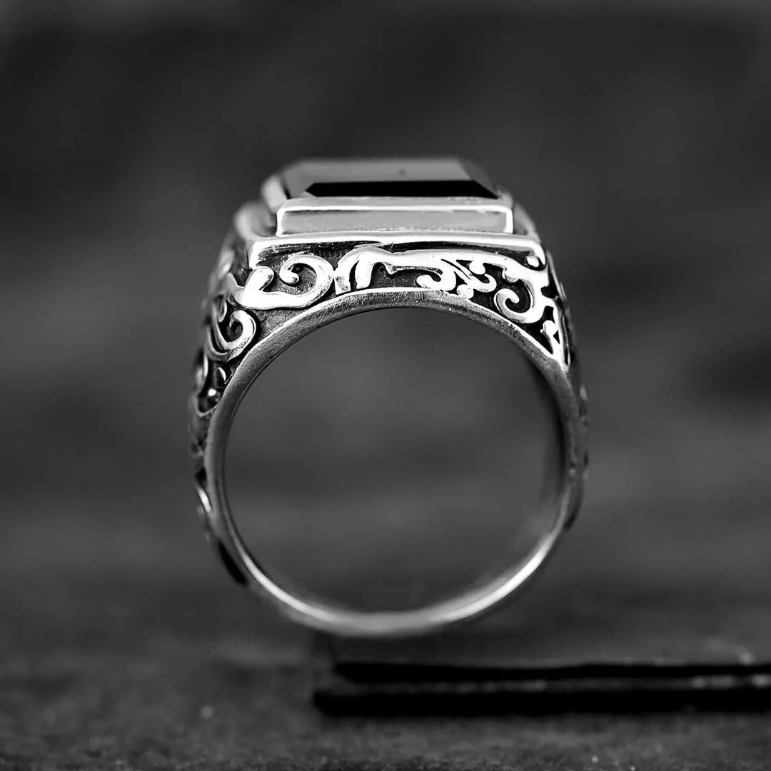 Swirls Black Onyx Signet Ring for Men Sterling Silver