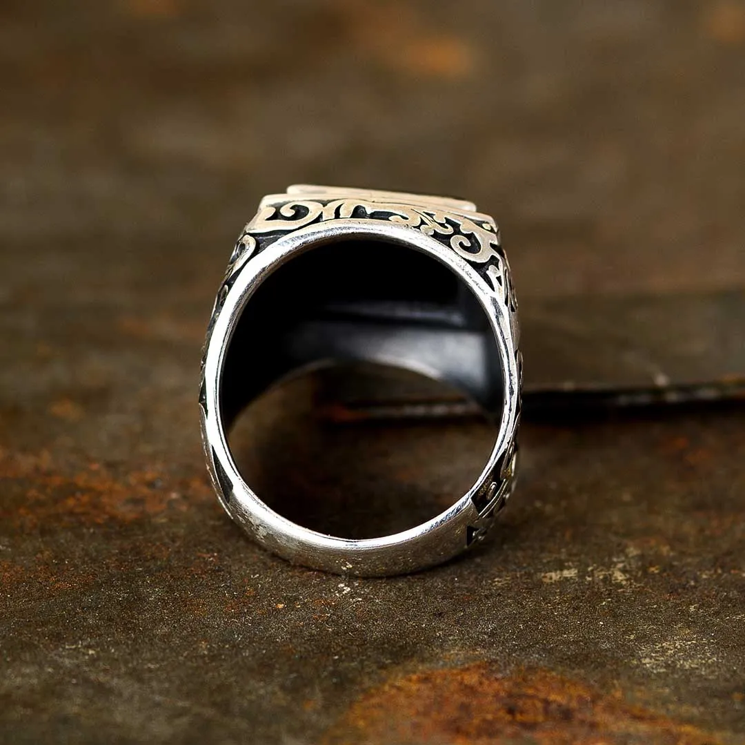 Swirls Black Onyx Signet Ring for Men Sterling Silver