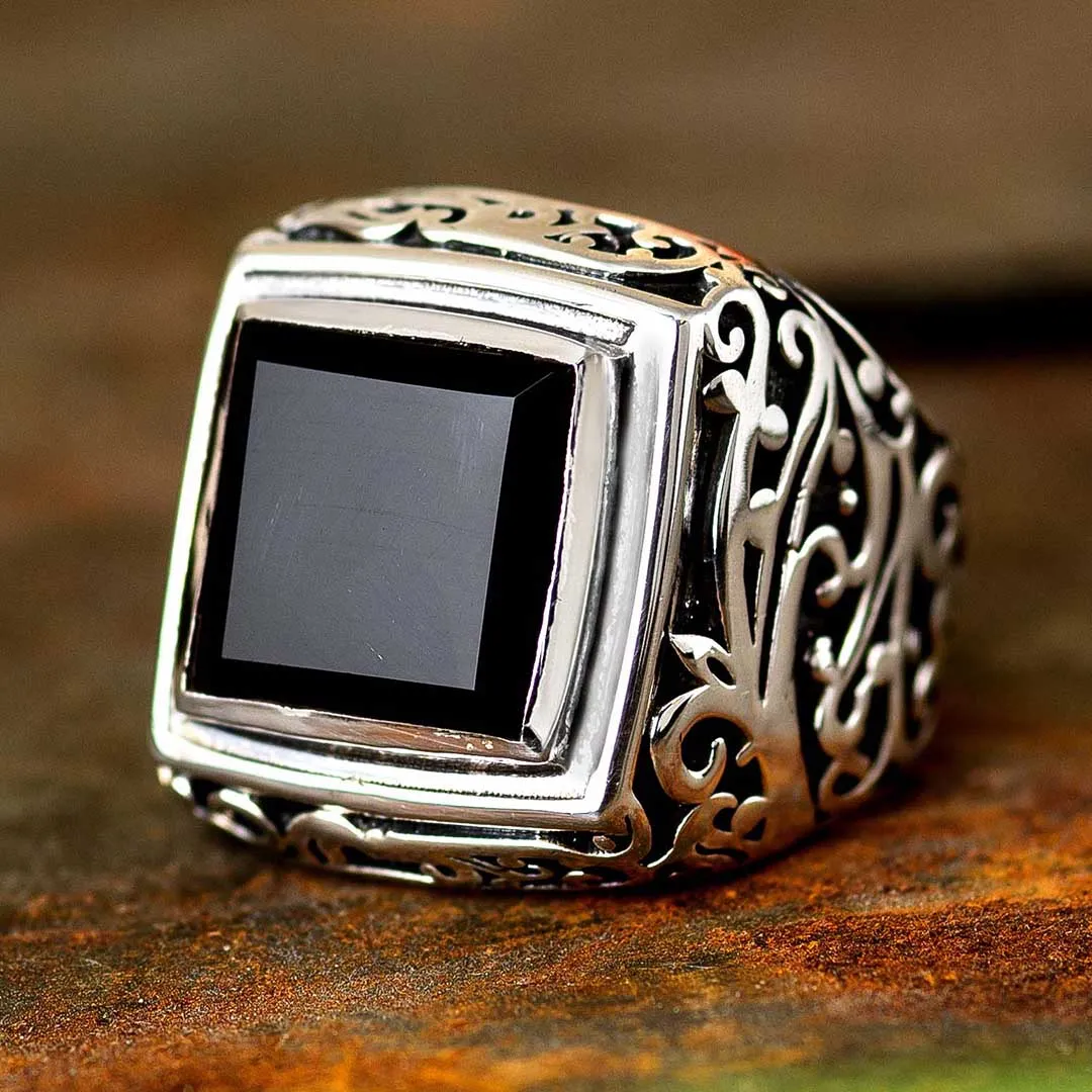 Swirls Black Onyx Signet Ring for Men Sterling Silver