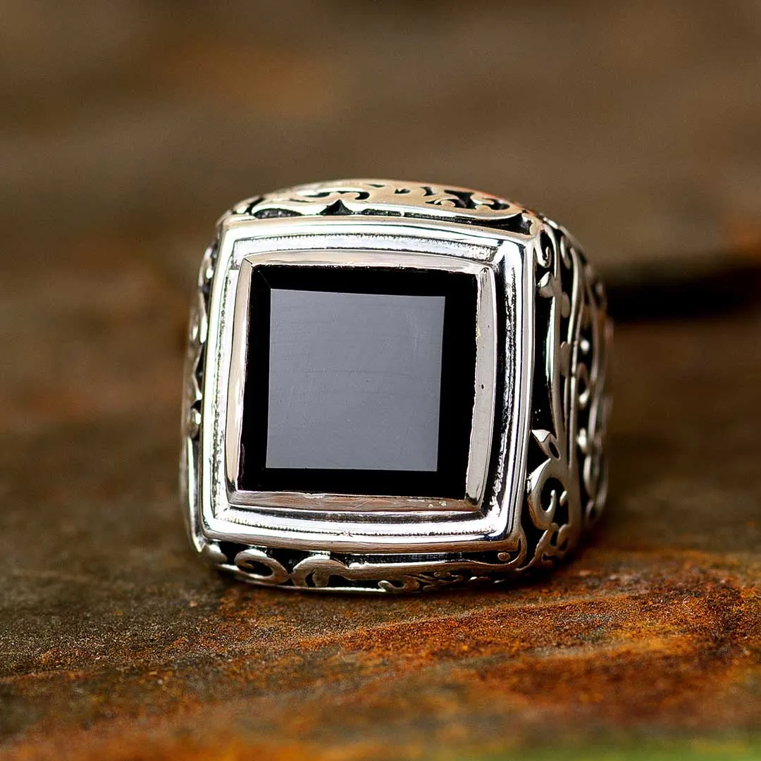 Swirls Black Onyx Signet Ring for Men Sterling Silver