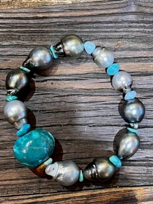 Tahitian Pearls w/ Genuine Turquoise, Larimar on Elastic