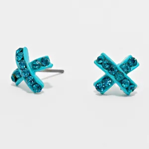 Teal Crystal X-Shaped Stud Earrings | 127194