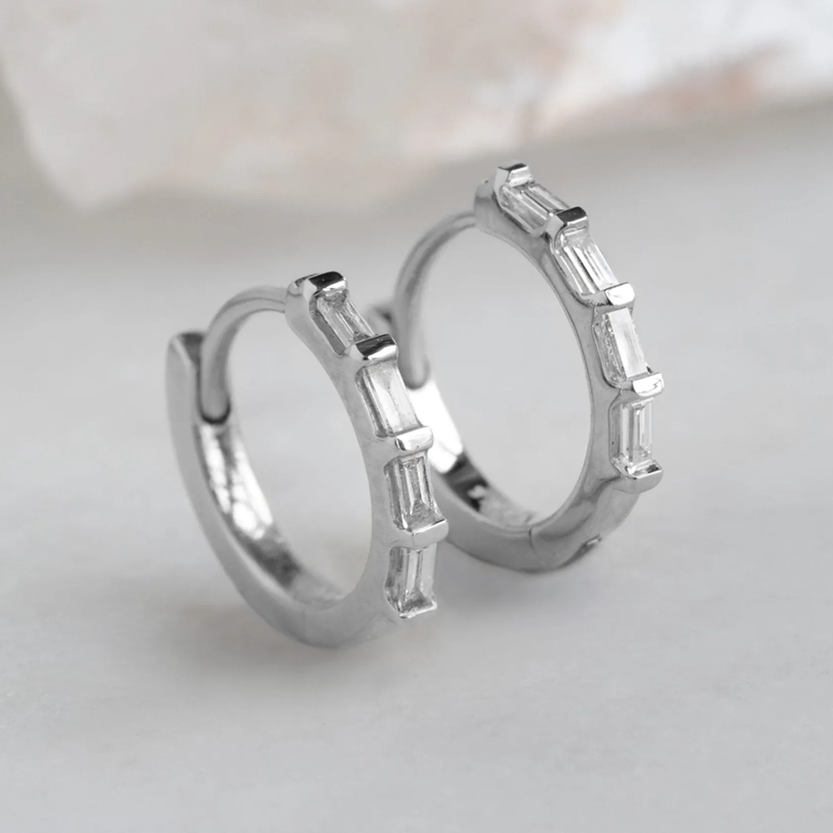 The Baguette White Diamond Huggie Hoops | 14K White Gold