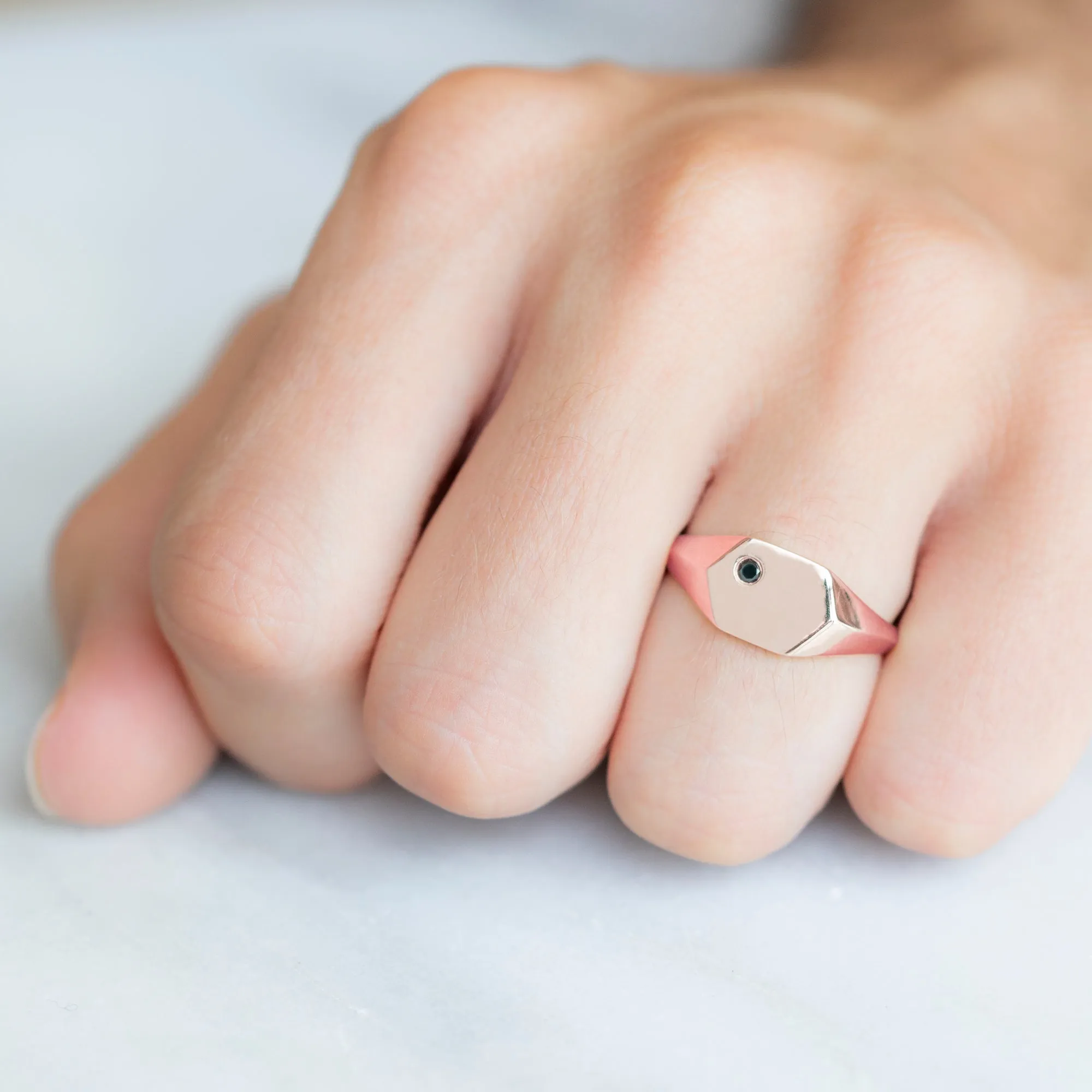 The Hexagon Black Diamond Signet Ring | 14K Rose Gold